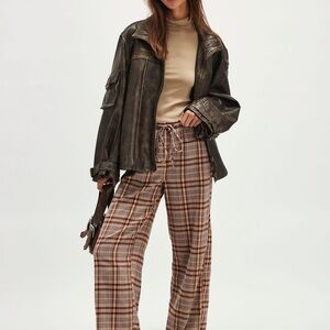 Free People Brown Plaid Wide Leg Pants